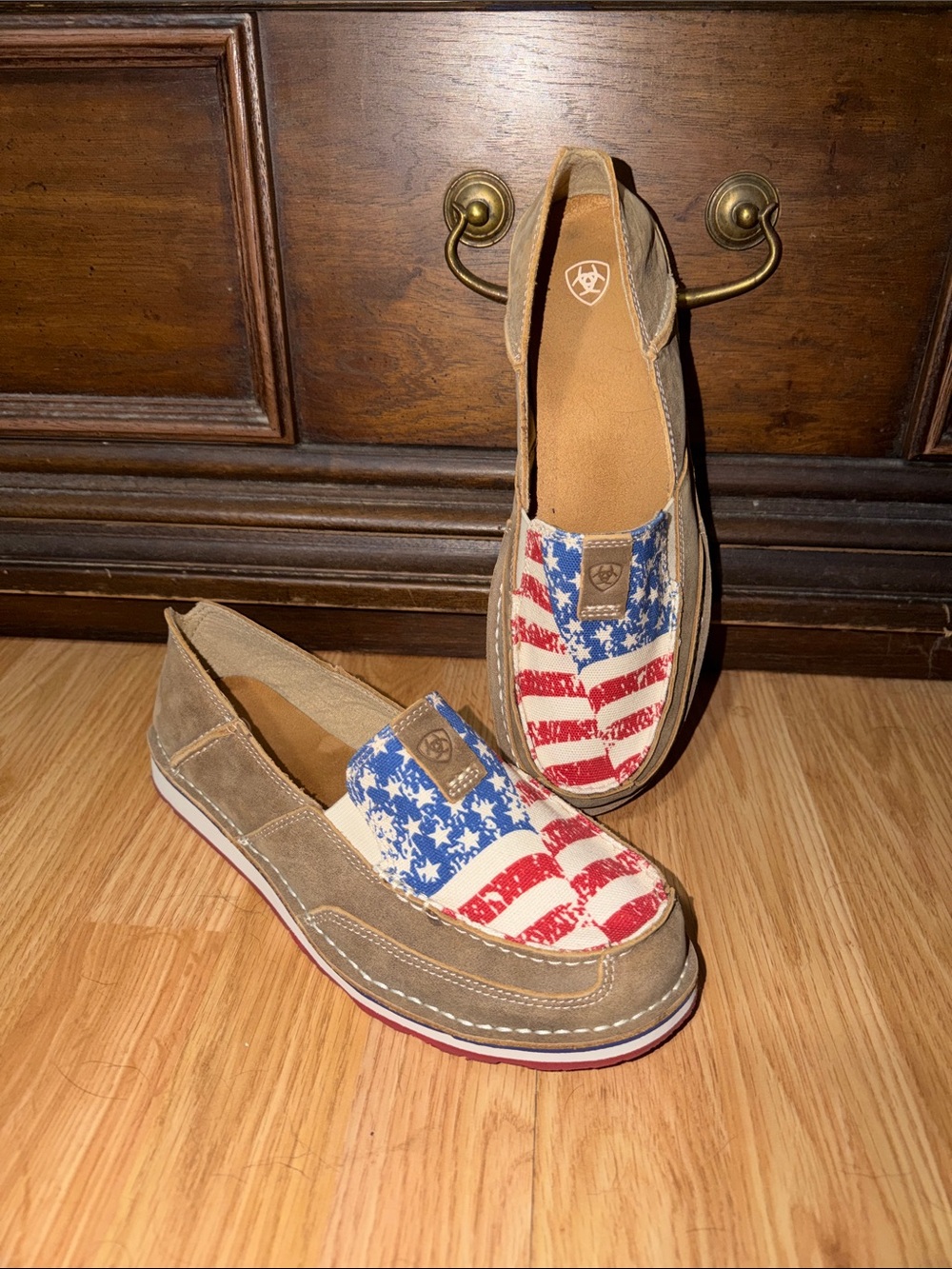 Ariat Canvas American Flag Slip-Ons with Brown Suede Trim
